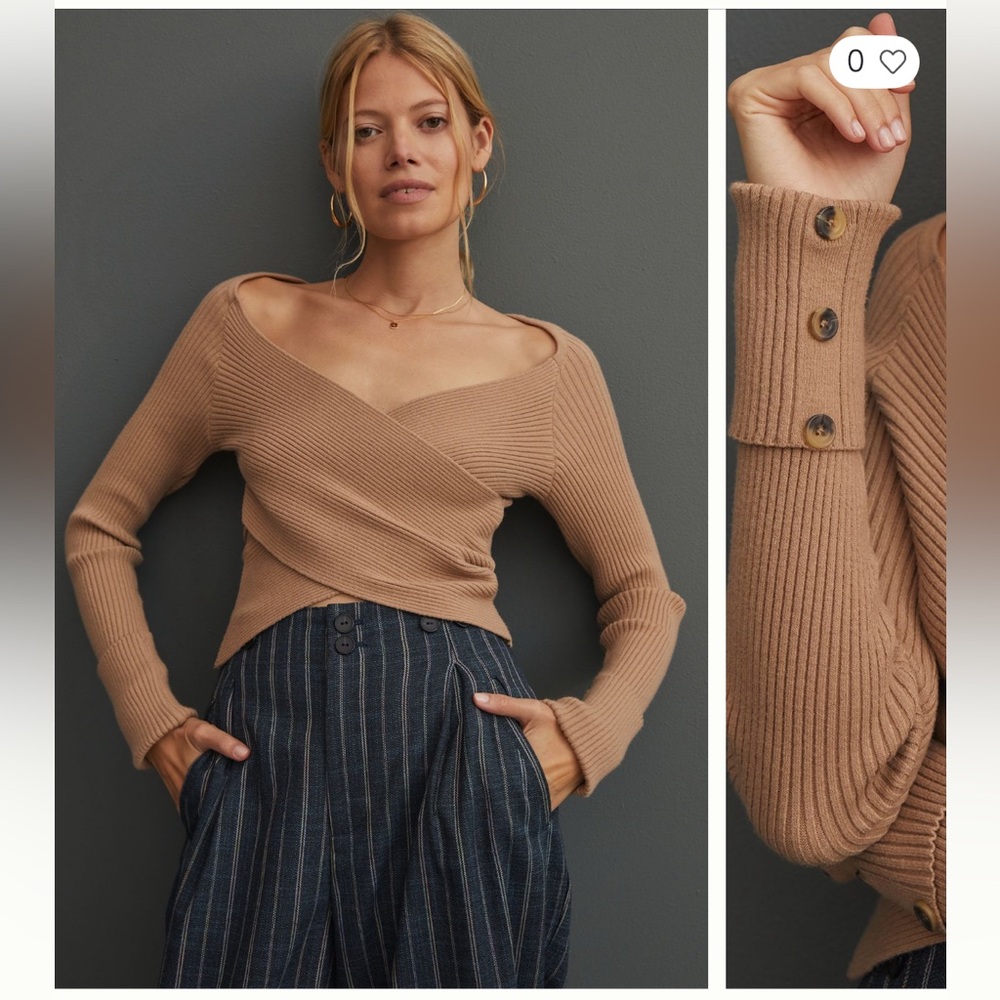 Anthropologie Maeve Surplice Sweater - Ballerina Faux Wrap Tan / Taupe